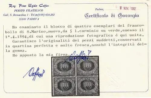 1892-94 SAN MARINO, Sächsischer Katalog #22, 5 Lire karmin auf dunkelgrün, postfrisch**