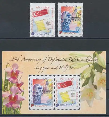 2006 Singapur, 25. Jubiläum zwischen dem Heiligen Stuhl und Singapur, Gemeinsame Ausgabe mit Nr. 1434/35, Bogen + Serie mit 2 Werten, postfrisch **