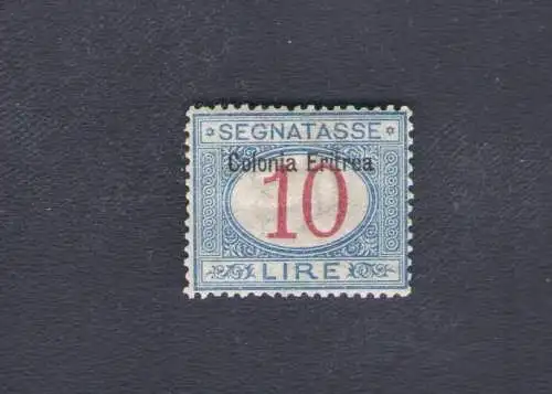 1903 ERITREA, Steuermarken Nr. 11, Kolonie Eritrea oben, 10 Lire Azzurro e Carminio, MNH ** - Sehr gute Zentrierung - Sorani-Zertifikat + Bottacchi