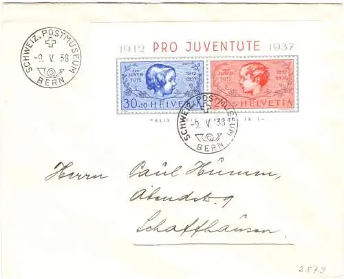 1937 SCHWEIZ, BF Nr. 3, Pro Juventute, gebrauchter Zettel auf Umschlag von Bern nach Shaffhausen