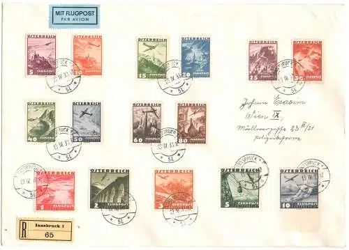 1935 ÖSTERREICH, Luftpost Nr. A32/A46, komplette Serie auf Einschreiben, keine Falten, perfekte Briefmarken - GEBRAUCHT