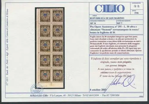 1946 SAN MARINO, Minifoglio Pro Opere Assistance, Nr. 7 - SEHR GUTE QUALITÄT - POSTFRISCH ** Zertifikat Cilio - Signaturen Giulio Bolaffi