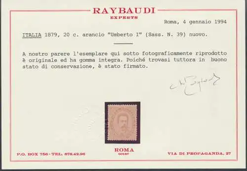 1879 Italien - Königreich, Nr. 39, Bildnis Umberto I, Centesimi 20 Orange, MNH ** - Raybaudi Zertifikat