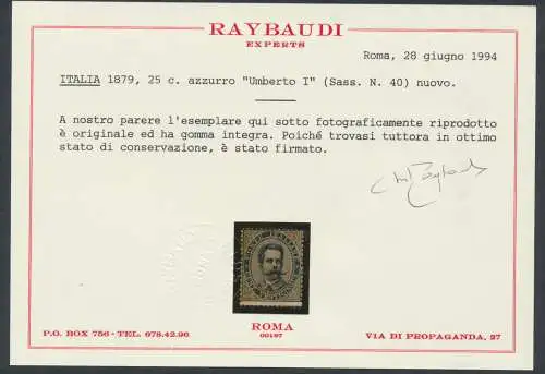 1879 Italien - Königreich, Nr. 40, Umberto I - 25 Cent hellblau, postfrisch** - Raybaudi Zertifikat