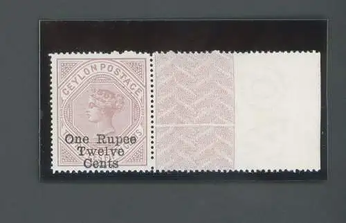 1885 Ceylon, Stanley Gibbons Nr. 176, 1r.12 on 2r.50 dull rose gezähnt 12 1/2 x 14, MNH ** Bogenrand