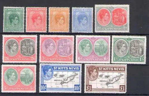 1938 ST. KITTS NEVIS, George VI, Serie mit 12 Werten, Stanley Gibbons Nr. 68a/77f - MH*