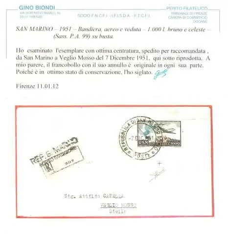 1951 SAN MARINO, Luftpost Nr. 99 -1.000 Lire braun und himmlisch - Flagge und Ansicht auf Umschlag von San Marino Borgo nach Veglio Mosso (Vc) vom 7.12.1951