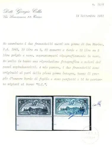 1942 SAN MARINO - Luftpost, Nr. 19/20 Niedriger Bogenrand, Luftpostmarken von 1931 überdruckt, postfrisch** - Klebezertifikat