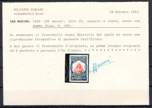 1929-35 SAN MARINO, Nr. 141/158, Ansicht, Palazzo del Consiglio e Busto Libertà - Zertifikat Sorani - MNH **