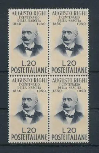 1950 Italien - Republik, Augusto Righi - 1 Wert, Nr. 633, gute sehr gute Zentrierung, postfrisch ** - Viererblock