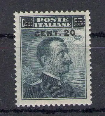 1916 Italien - Königreich, Nr. 106, 20 Cent auf 15 Kant grau schwarz, Vittorio Emanuele III - POSTFRISCH **