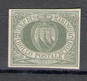 1892 San Marino, Proof Nr. 13 - 5 Cent oliv - ohne Gummi