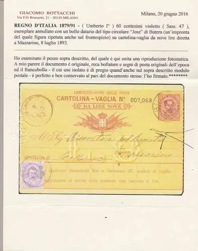 1889 Königreich Italien, Nr. 47 60 Cent. violett isoliert auf Postkarte Vaglia RAR