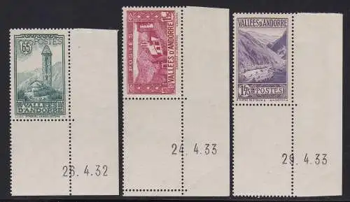 1932-33 FRANZÖSISCHES ANDORRA, Nr. 36/39A/40A 3 Werte MNH/** WUNDERSCHÖN