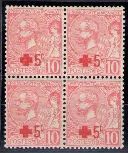 1914 Monaco Rotes Kreuz Quartina 5c auf 10 c rosa Nr. 26 MNH/**