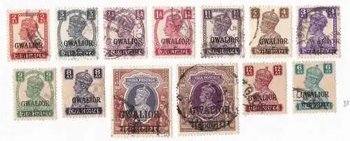 1942-48 INDIA Gwalior - SG 112/113 + 118-128 13 Werte GEBRAUCHT