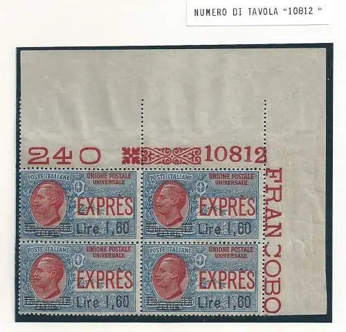 1924 Italien - Königreich, Espresso Nr. 10 MNH / ** VIERTEL MIT TISCHNUMMER