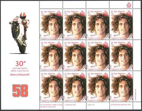 2017 San Marino, Marco Simoncelli, 30. Geburtstag, Kleinbogen 12 v postfrisch **