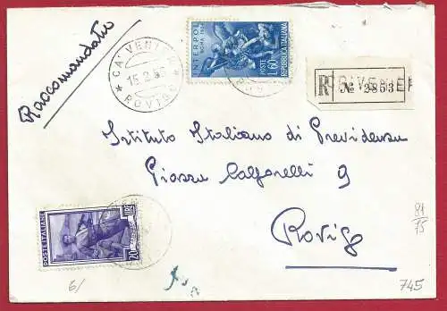 1955 Interpol Nr. 745 + Arbeit 20 Lire auf Einschreiben nach Rovigo