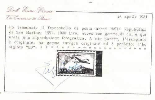 1951 SAN MARINO Luftpost Nr. 99 Flagge MNH ** Zertifikat Enzo Diena