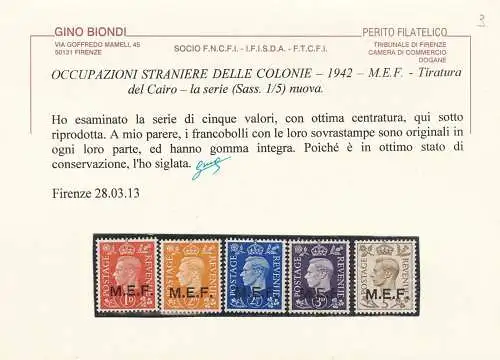 1942 MEF, SG Nr. 1/5 Serie mit 5 Werten MNH/** Zertifikat Blond