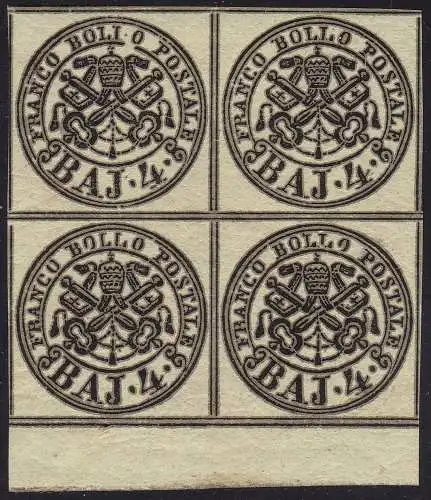 1858 Kirchenstaat, 4 hellgelbe Baj Nr. 5Ab Block Cert. Bolaffi */**