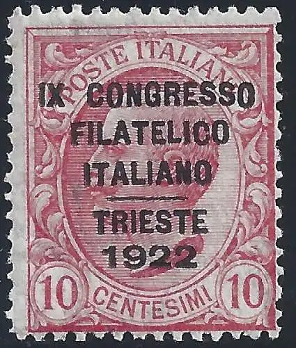 1922 Italien - Königreich, Nr. 123 Philatelistischer Kongress 10c. postfrisch ** Cert. Raybaudi