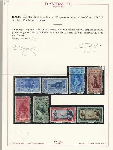 1932 KÖNIGREICH ITALIEN - Garibaldi Nr. 315/324 + PA 32/38 Serie mit 17 Werten MNH ** Raybaudi Zertifikat