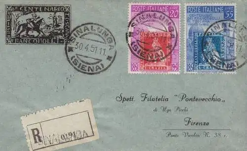 1951 100. Briefmarken Toskana Nr. 653-654 auf Einschreiben gereist