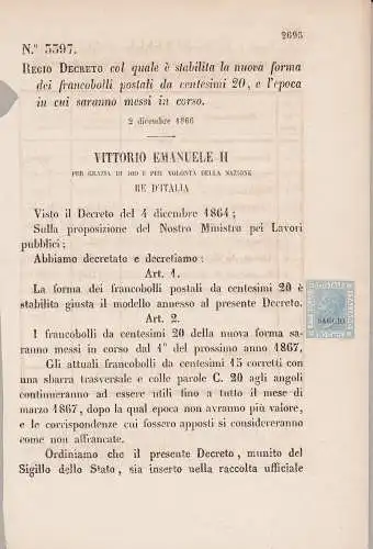 1867 - Vitt Em. II 20 c hellblau Nr. 26L WEISHEIT auf Königlichem Dekret