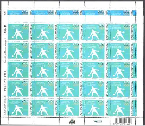 2008 San Marino, Olympische Spiele in Peking, Kleinbogen 25 Val mit Barcode MNH **