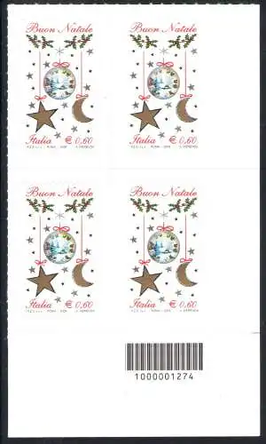 2009 Italienische Republik Barcodes Weihnachten Laico Quartina 1 Val Barcode Nr. 1274 MNH ** Il Più Raro 