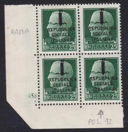 1944 RSI, Nr. 491 25 Cent. grüne Auflage von Rom MNH / ** BLOCK VON 4 MIT TISCHNUMMER UND SORTE