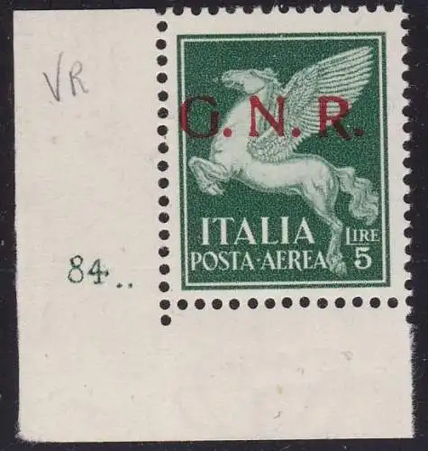 1944 RSI, Luftpost - A 123 5 Lire grün MNH ** TISCHNUMMER Signatur Olive