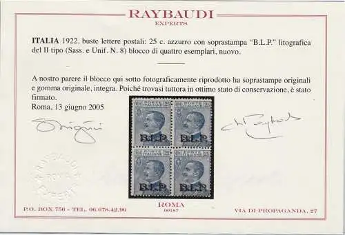 1922-23 Königreich Italien, BLP Nr. 8 25 hellblau QUARTINA MNH / ** Raybaudi