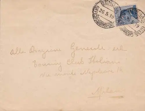 1919 LIBYEN, Nr. 7 25 Cent. hellblau isoliert auf Brief REISE NACH MAILAND