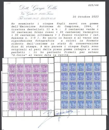 1944 Champion, Autonome Ausgabe, Nr. 1a/5a dentellati 11 1/2 MNH**