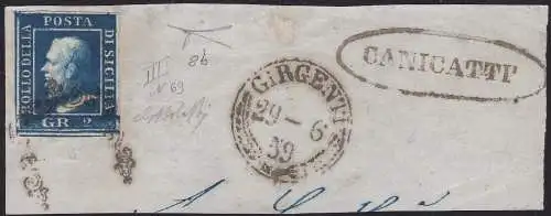 1859 SIZILIEN, Nr. 8a sehr dunkelblau (NA) Girgenti-Canicattì Annullierungsfragment