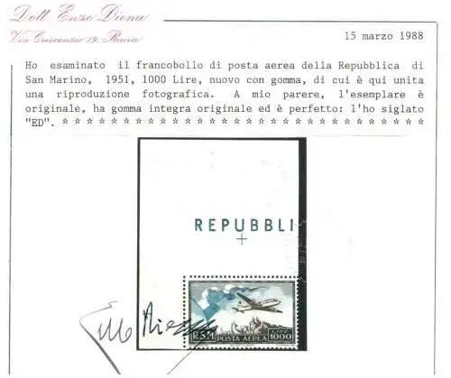 1951 San Marino, Luftpost 1000 Lire, Nr. 99, Flagge - postfrisch **