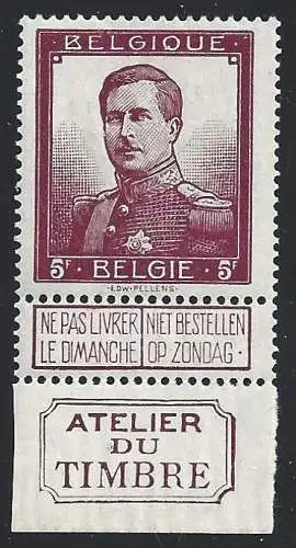 1912 BELGIEN, Einheitlicher Katalog Nr. 122 - 5 Francs braun-karmin - postfrisch **