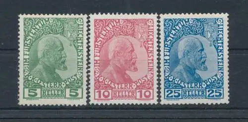 1912 Liechtenstein, n. 1/3, Johannes II., 3 Werte, gestrichenes Papier, postfrisch**