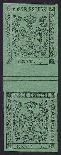 1852 MODENA, Nr. 7 5 Cent. grün MNH/** VERTIKALER INTERSPACE CERT. BOLAFFI