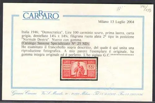 1946 Italien, 100 Lire dunkelkarmin, filigranes normales Rechtsrad Nr. 25D postfrisch **