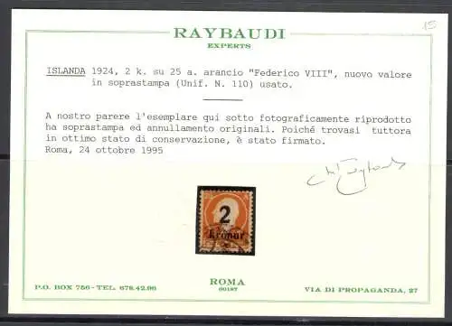 1924-26 Island, Nr. 110 - 2 k. auf 25 v. Chr. - Gebraucht Raybaudi Zertifikat