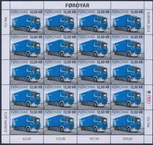 2013 EUROPA CEPT, FØROYAR, 2 Kleinblätter mit 20 Werten a, Postfahrzeuge, postfrisch **