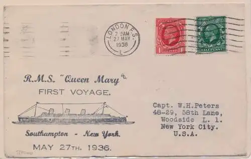 1936 Großbritannien, Queen Mary Erste Reise, Southampton - New York und Rückflug per Flugzeug zur Isle of Man