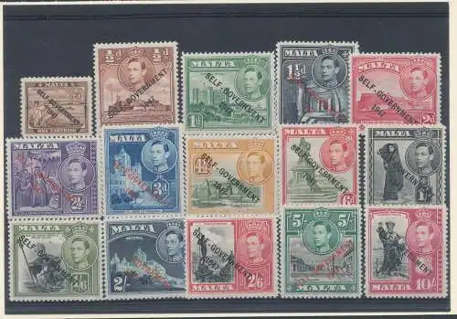 1948 MALTA - Bildnisse von König Georg V. aufgedruckt Self Government 1947, Einheitskatalog Nr. 201-215 - Serie von 15 Werten - MH* - MNH **