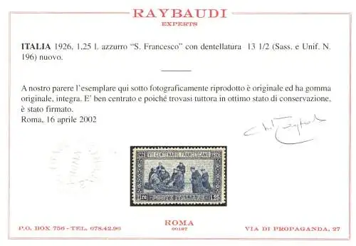 1926 Italien - Königreich, 7 Hundertjahrfeier des heiligen Franziskus, Nr. 196 - Raybaudi-Zertifikat - postfrisch ** Sehr gute Zentrierung