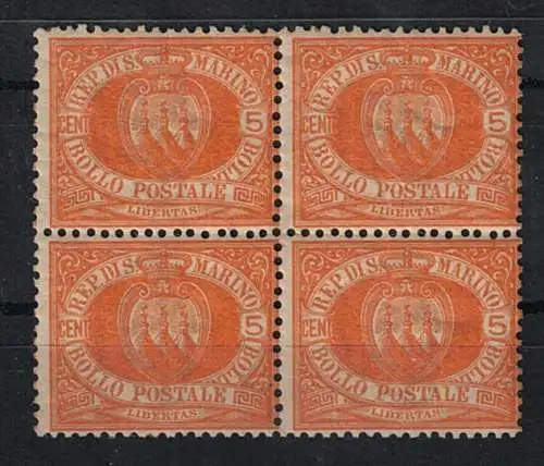 1877 SAN MARINO, # 2 - 5 Cent. gelb, Viererblock, postfrisch**