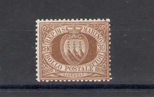 1877 San Marino, Sächsischer Katalog Nr. 6, 30 Cent braun - Diskrete Zentrierung - MNH** - Fotokopie Zertifikat Enzo Diena